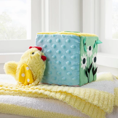 Farm Interactive Plush Cube With Chicken Rattle Baby Toy - 2pc - Cloud Island™ 3 Farm Interactive Plush Cube With Chicken Rattle Baby Toy - 2pc - Cloud Island™
